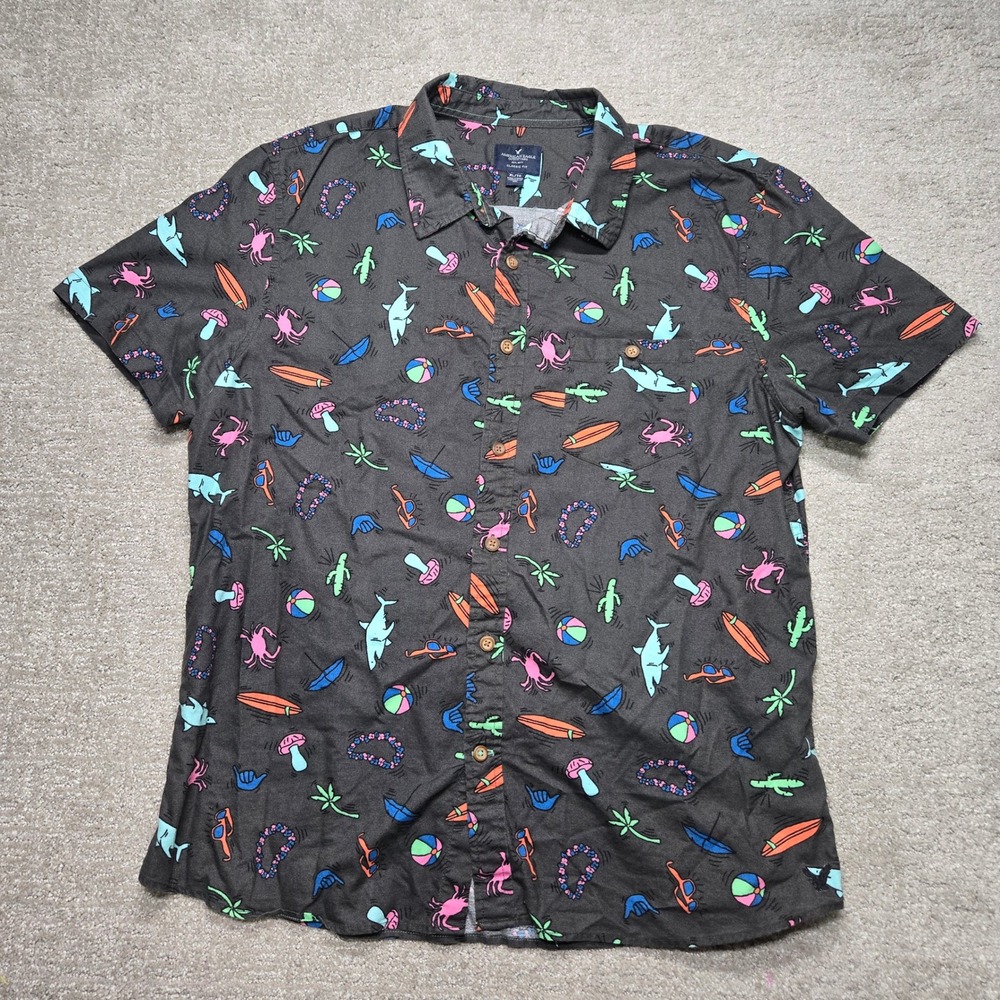American Eagle Mens XL Gray Beach Surf Shark Crab Print Button Down Shirt Cotton
